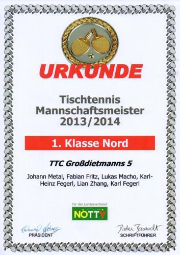 Urkunde 2013-14 (Mannschaftsmeister - 1. Klasse Nord)