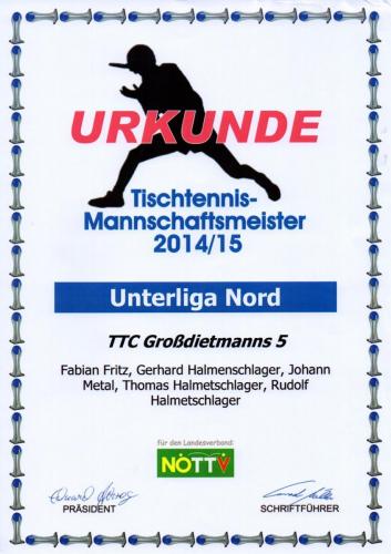 Urkunde 2014-15 (Mannschaftsmeister - Unterliga Nord)